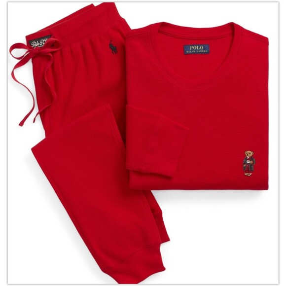 NWT Polo Ralph Lauren Coffee Polo Bear Red Waffle Thermal Pajama Sleep Set , M - Picture 1 of 6